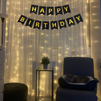 Happy Birthday Decoration Items - Black Happy Birthday Backdrop Decorations | Happy Birthday Decoration Kit | Black Happy Birthday Banner with LED Lights (Cardstock)
