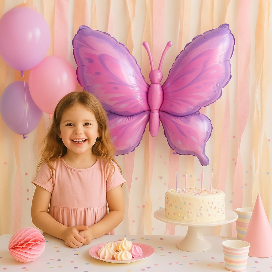 Butterfly Shaped Metallic Pistachio & Pink Balloon with Purple Thorax - Helum Quality - 34 inches - 1PC