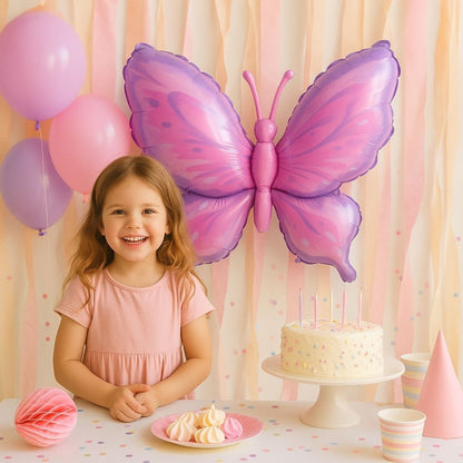 Butterfly Shaped Metallic Pistachio & Pink Balloon with Purple Thorax - Helum Quality - 34 inches - 1PC