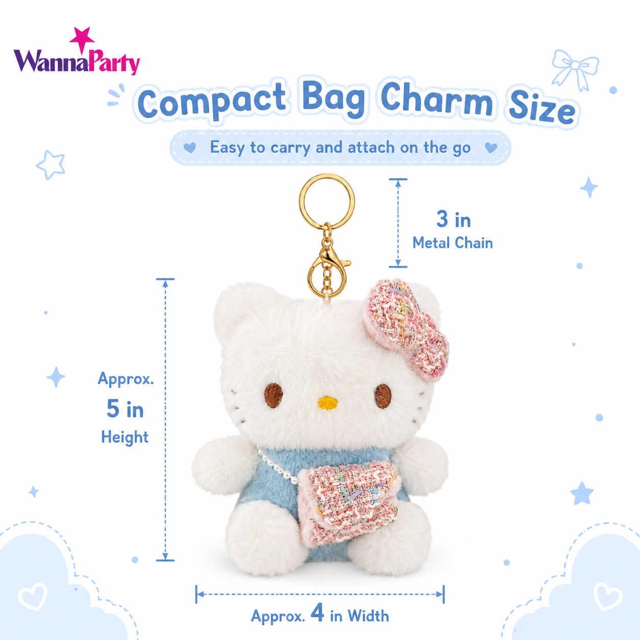 Pink Hello Kitty Plushy Key Chain | Cute Kawaii Pink Cat Plush Keychain | Soft Bag Charm with Blue Bow & Mini Purse, Gold Metal Chain for Backpack, Handbag, Keys, Birthday Return Gift & Party Favor – 1PC