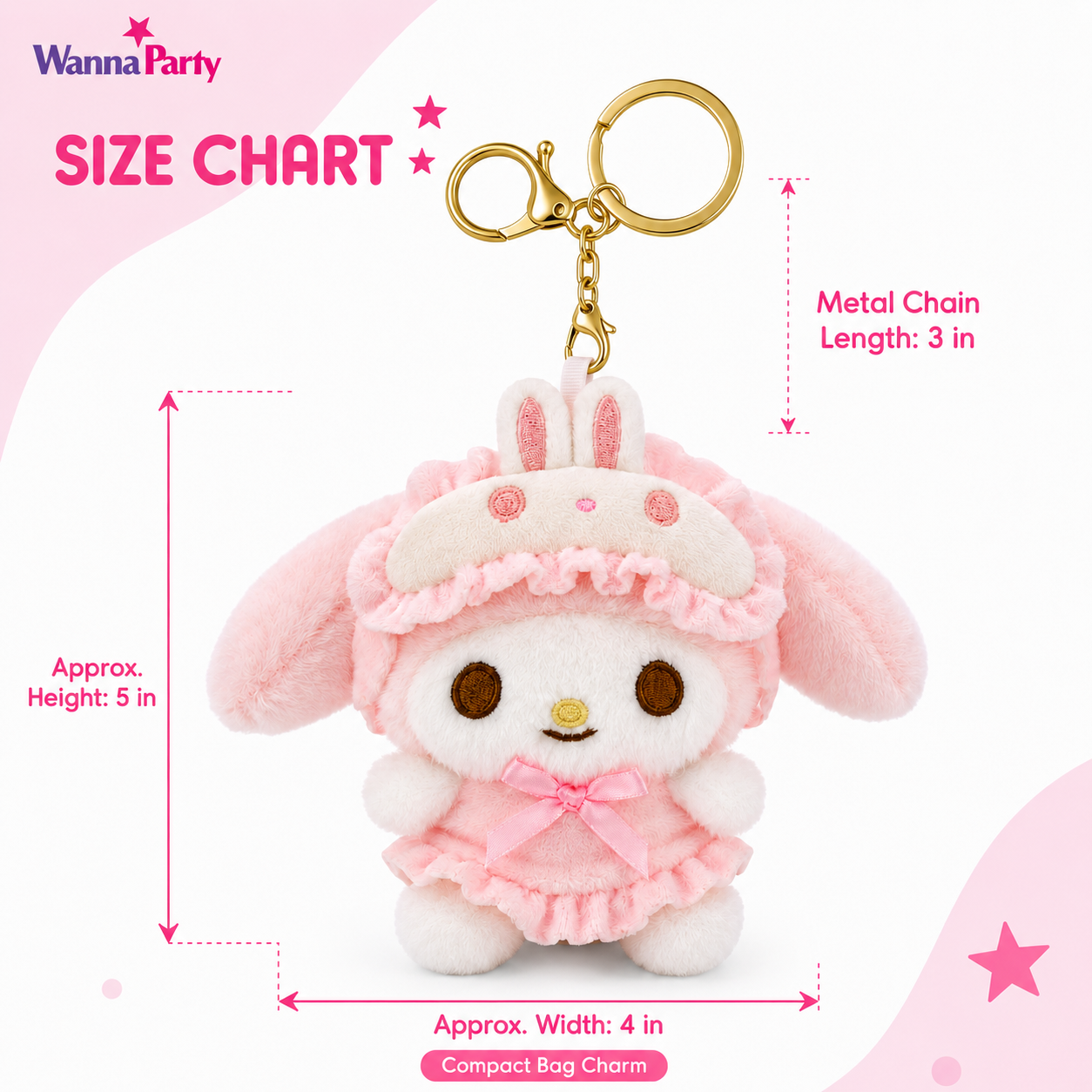 My Melody Cute Kawaii Plush Keychain, Soft Pink Bunny | Hood Character Bag Charm with Gold Metal Chain, Backpack, Handbag, Keys, Birthday Return Gift & Party Favor – 1PC