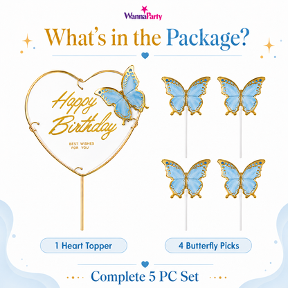 Happy Birthday Cake Topper with Blue Butterflies - 5PC