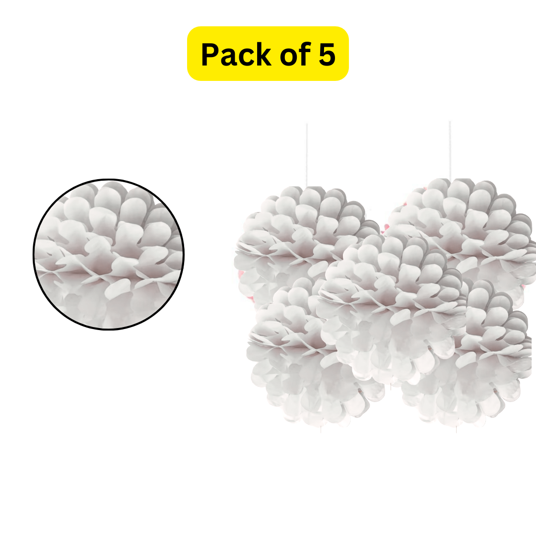 Paper Pom Pom Hangings for Decoration-10 inch 5 pieces Ceiling Decoration Items, Pom Poms, Fluffy Decoration- White-NO DIY