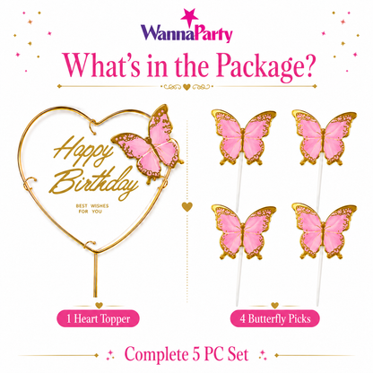 Happy Birthday Cake Topper with Pink Butterflies - 5PC