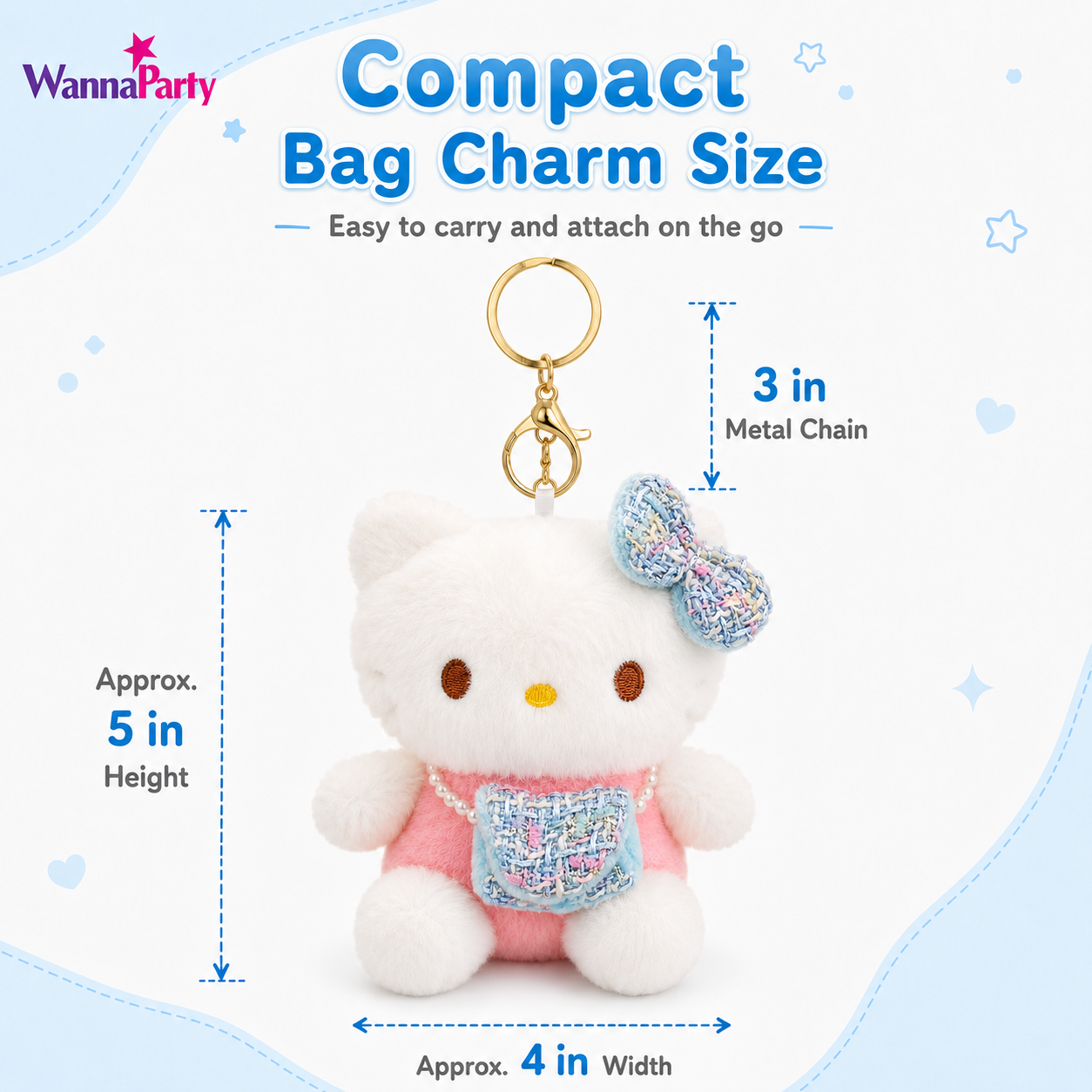 Blue Hello Kitty Plushy Key Chain | Cute Kawaii Blue Cat Plush Keychain | Soft Bag Charm with Blue Bow & Mini Purse, Gold Metal Chain for Backpack, Handbag, Keys, Birthday Return Gift & Party Favor – 1PC