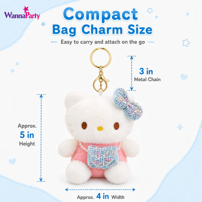 Blue Hello Kitty Plushy Key Chain | Cute Kawaii Blue Cat Plush Keychain | Soft Bag Charm with Blue Bow & Mini Purse, Gold Metal Chain for Backpack, Handbag, Keys, Birthday Return Gift & Party Favor – 1PC