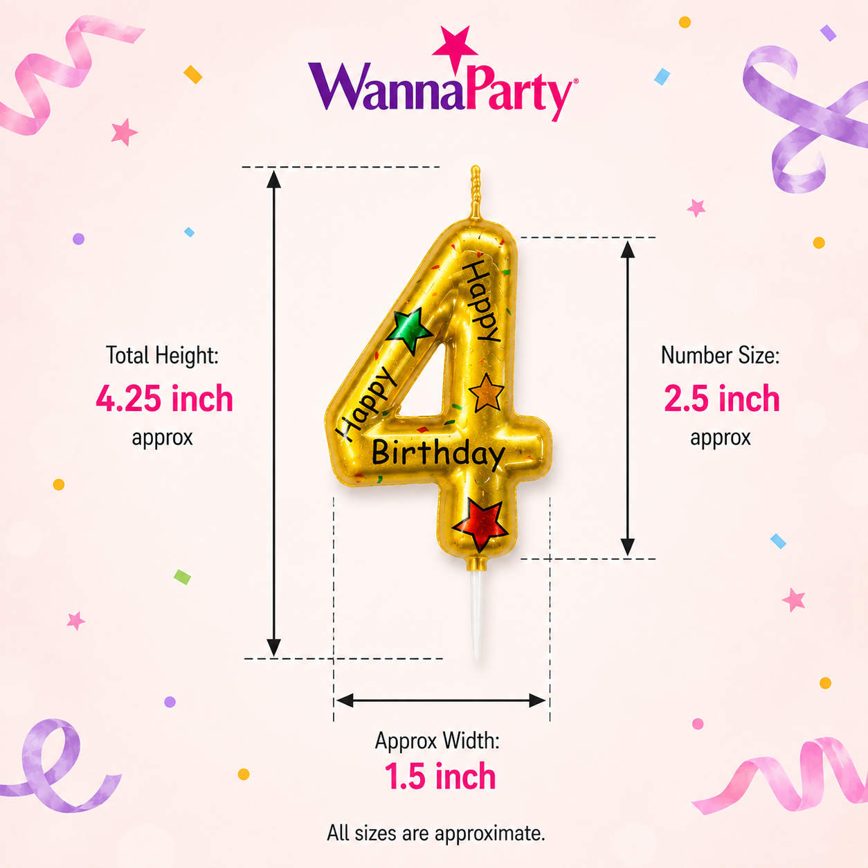 Golden Color Happy Birthday Printed Candle Number 4