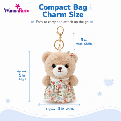 Teddy Bear Plush Keychain, Cute Soft Bear Bag Charm with Floral Dress | Gold Metal Chain, Backpack, Handbag, Keys, Birthday Return Gift & Party Favor – 1PC
