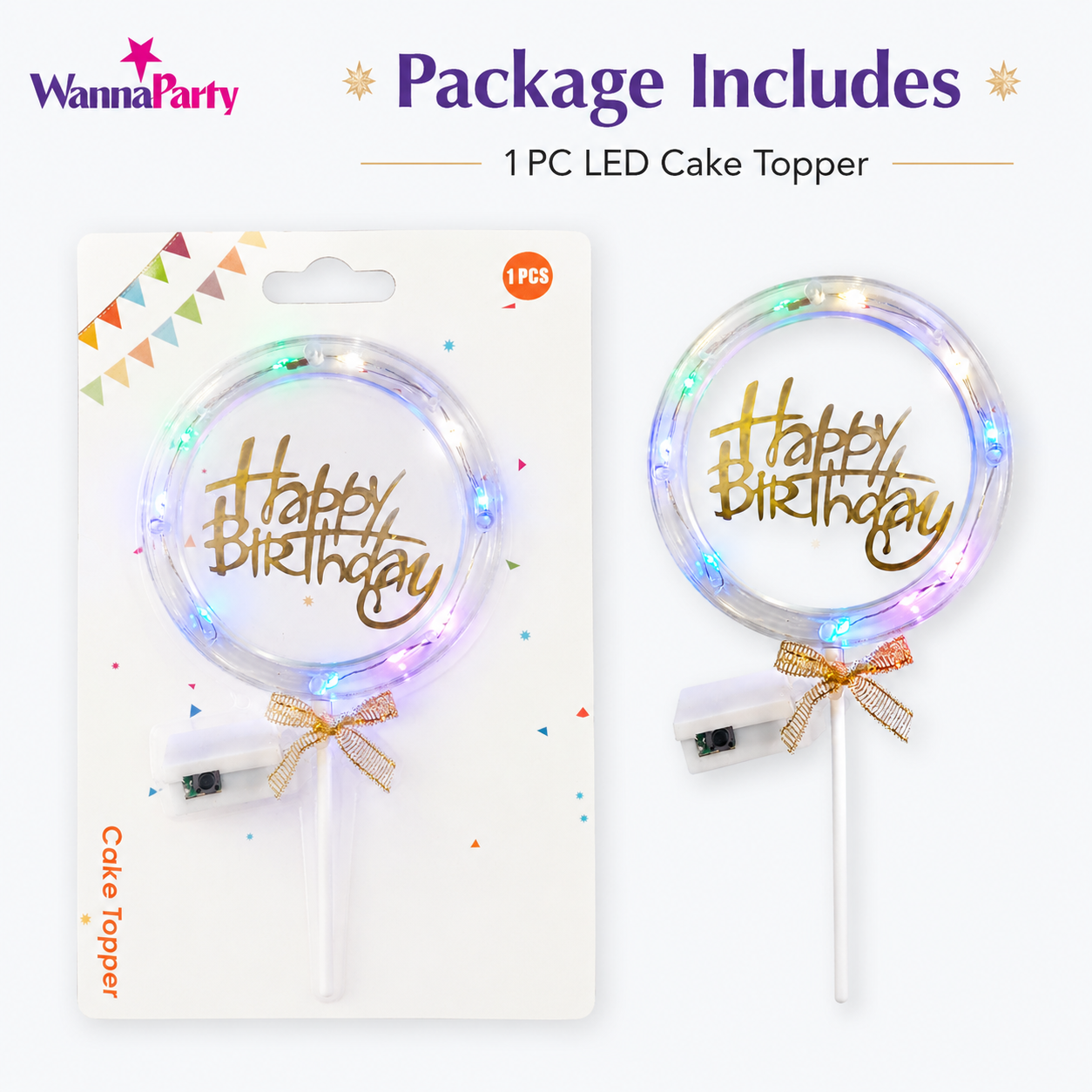 Happy Birthday LED Cake Topper, Transparent Round Cake Decoration with Gold Text, Built-In Light String & Bow for Birthday Party, Cakes, Cupcakes & Dessert Table – 1PC