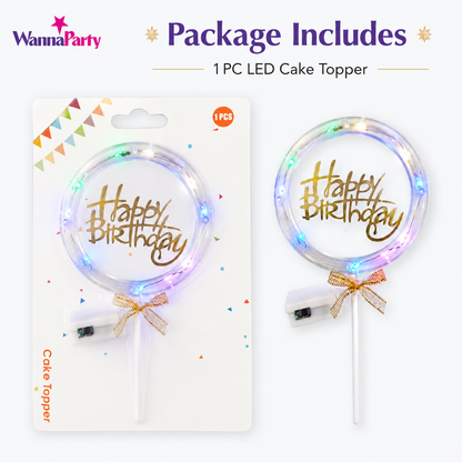 Happy Birthday LED Cake Topper, Transparent Round Cake Decoration with Gold Text, Built-In Light String & Bow for Birthday Party, Cakes, Cupcakes & Dessert Table – 1PC