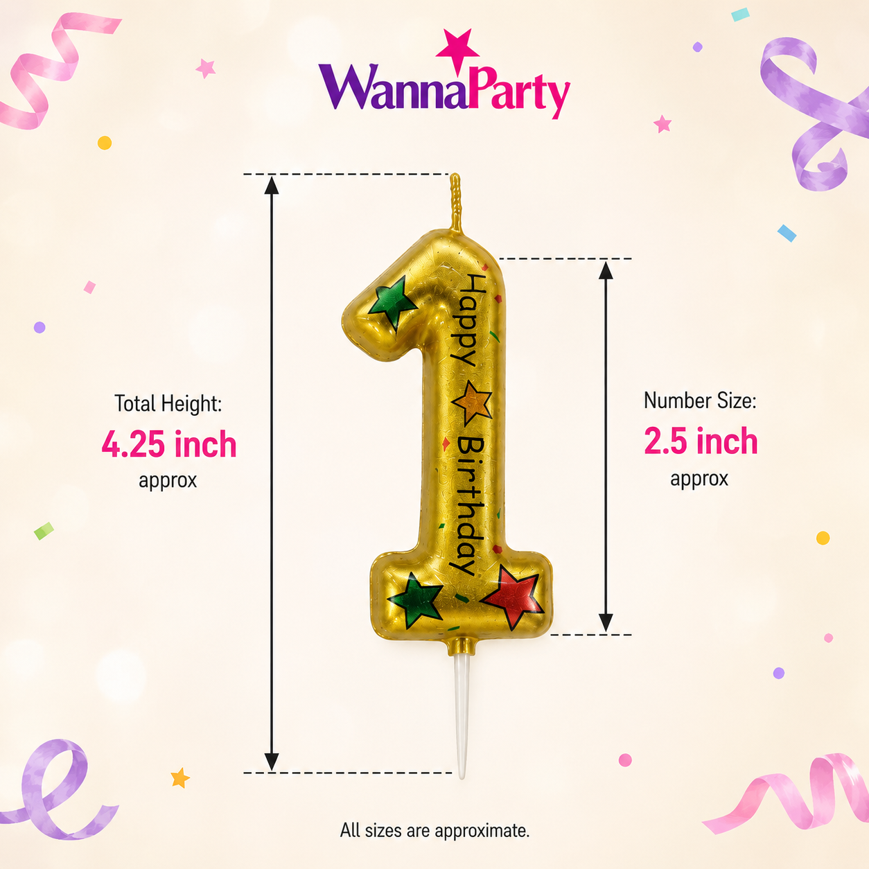 Golden Color Happy Birthday Printed Candle Number 1