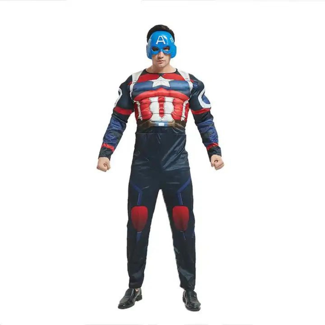 Muscular Captain America Costume with Jumpsuit and Mask for Adults - Size L