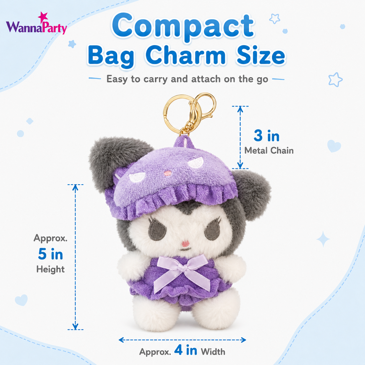 Cute Kawaii Kuromi Plush Keychain, Soft Black & White Character Bag Charm with Purple Outfit & Gold Metal Chain, Backpack, Handbag, Keys, Birthday Return Gift – 1PC