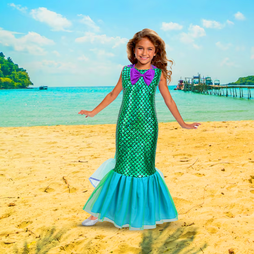 Mermaid Dress for Kids w/ Fish Scale Print - Size - M - Age 5-7 YRS