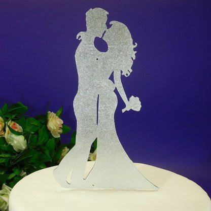 Bride & Groom Acrylic Silver Glitter Cake Topper