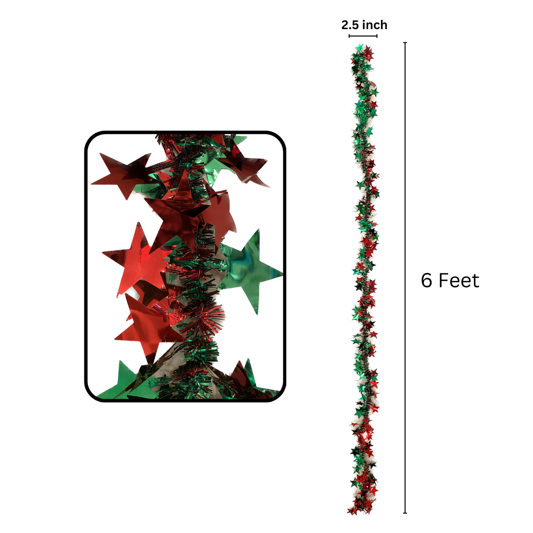 Fringe Wired Red & Green 2D Stars Tree Wraps or Garland - 1PC