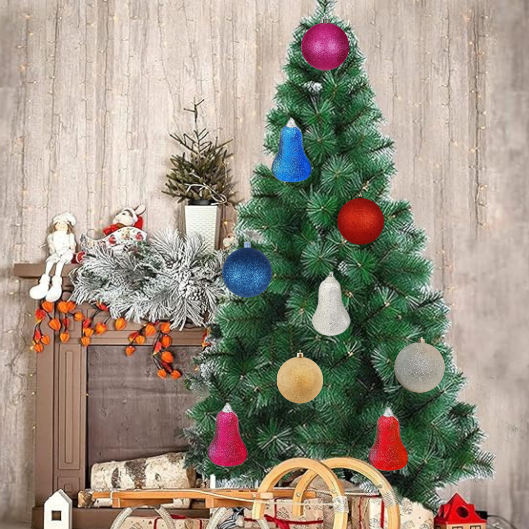 Glittery Ball and Bells Tree Decoration Combo Kit - Set of 12 PC