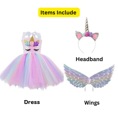 Unicorn Girls Costume w/Hair Band and Wings - Size M- Age 5 to 7