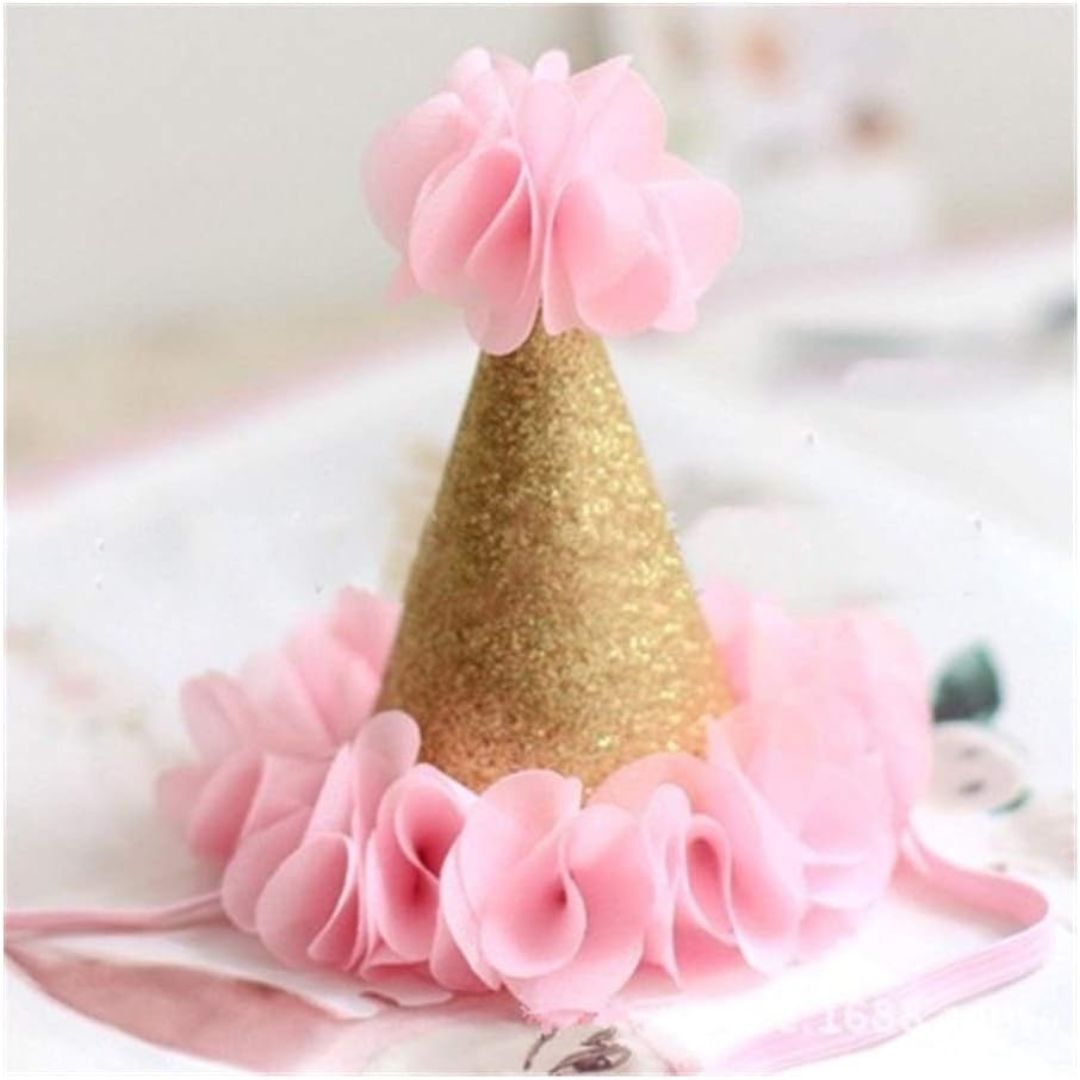 Golden Conical Hat with Pink Flower