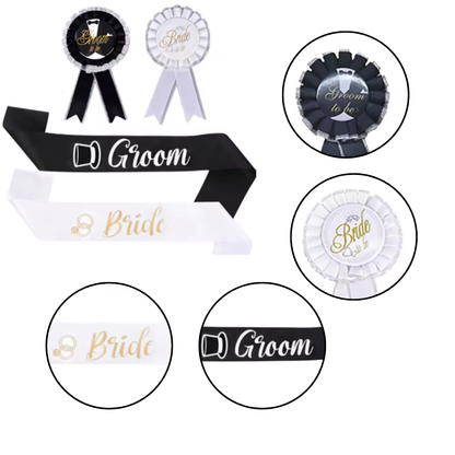 Bride & Groom Sash with Award Buttons Set - 4PC