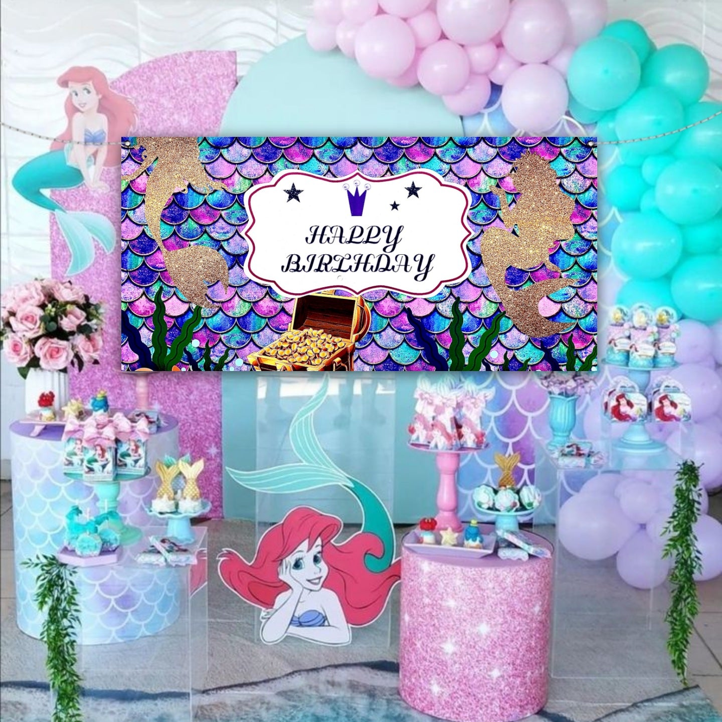 Happy Birthday Mermaid Theme Banner - 4FT X 2FT