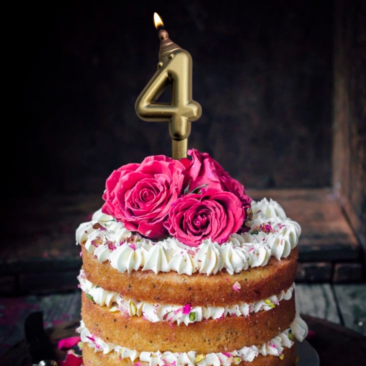 Golden Numerical Candle 4 with Pink Hat