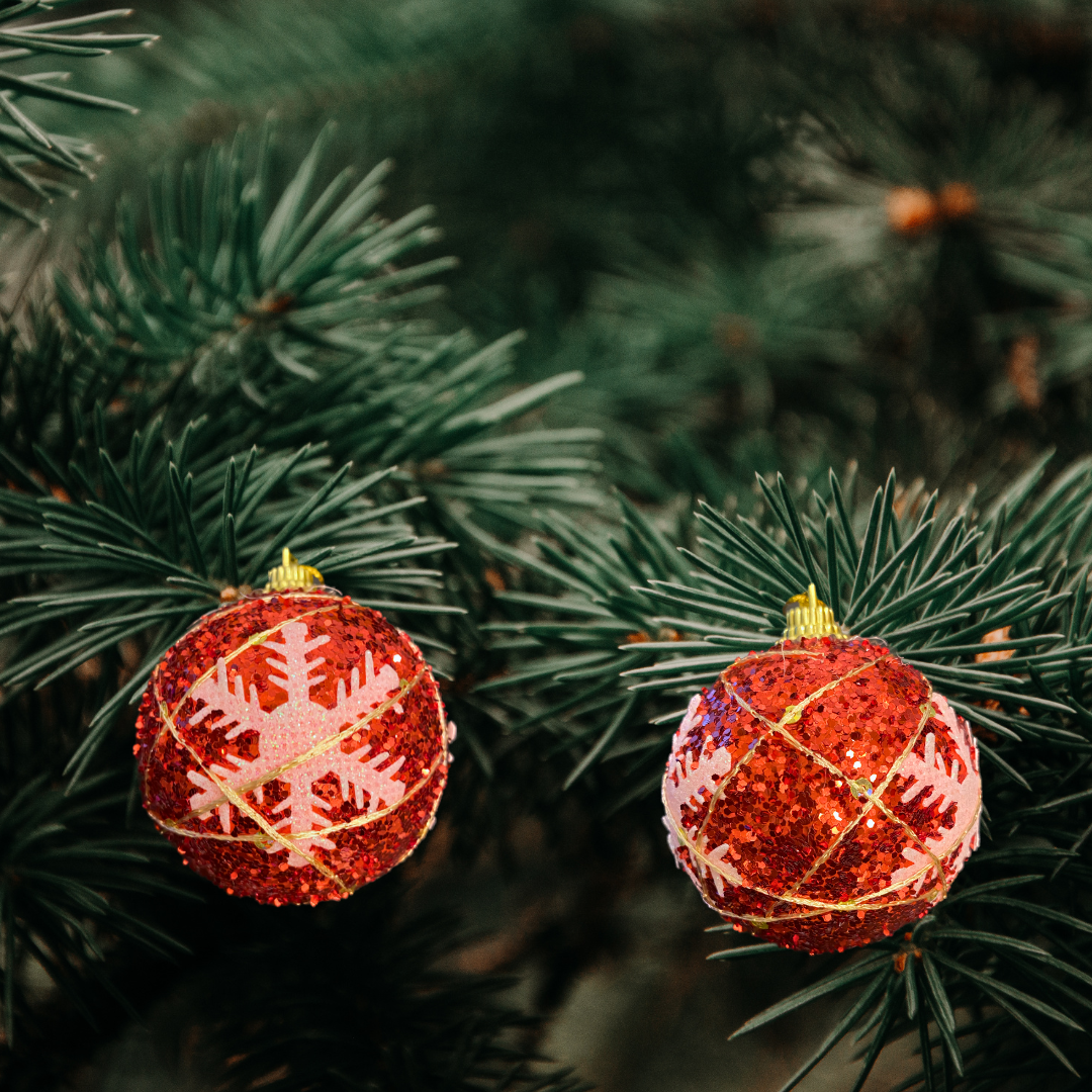 Christmas Tree Ornaments Red Ball with Snow Flakes - Set of 2