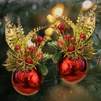 Christmas Tree Ornaments - Metallic Ball Hanging with Pine Red Cherry & Leaves - 1 PC