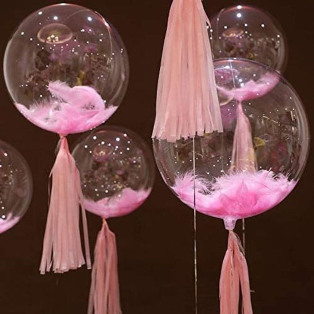 Transparent Balloon w/ Pink Feathers 18"