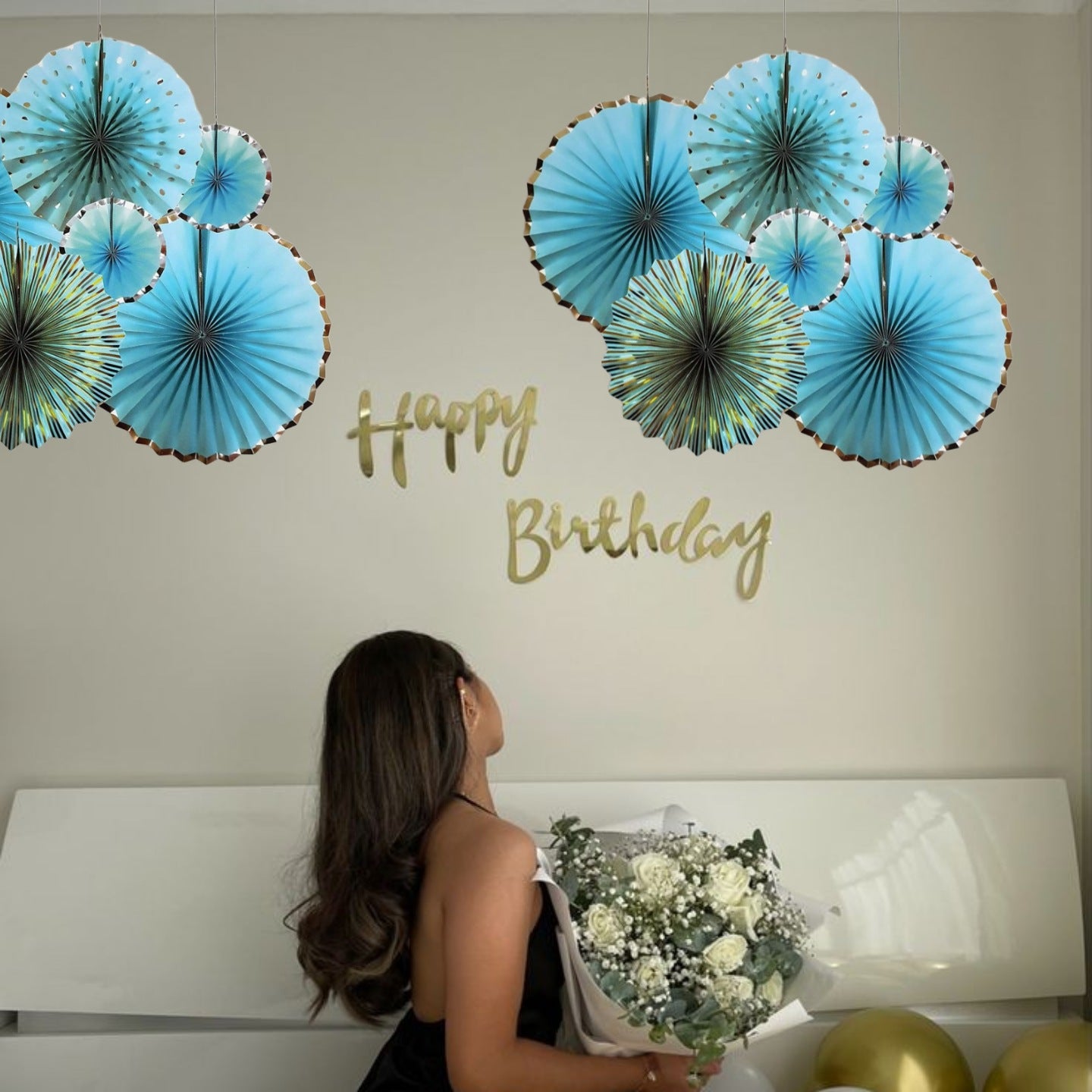 Blue Gold Designed Paper Fans Set - 6PC