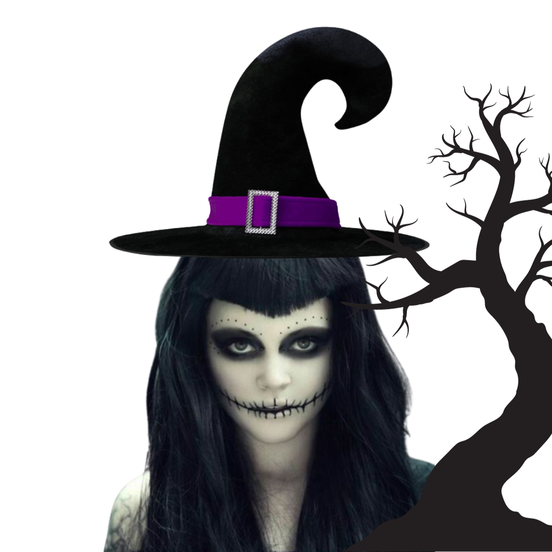 Black Velvet Witch Hat with Purple Lace and Buckle