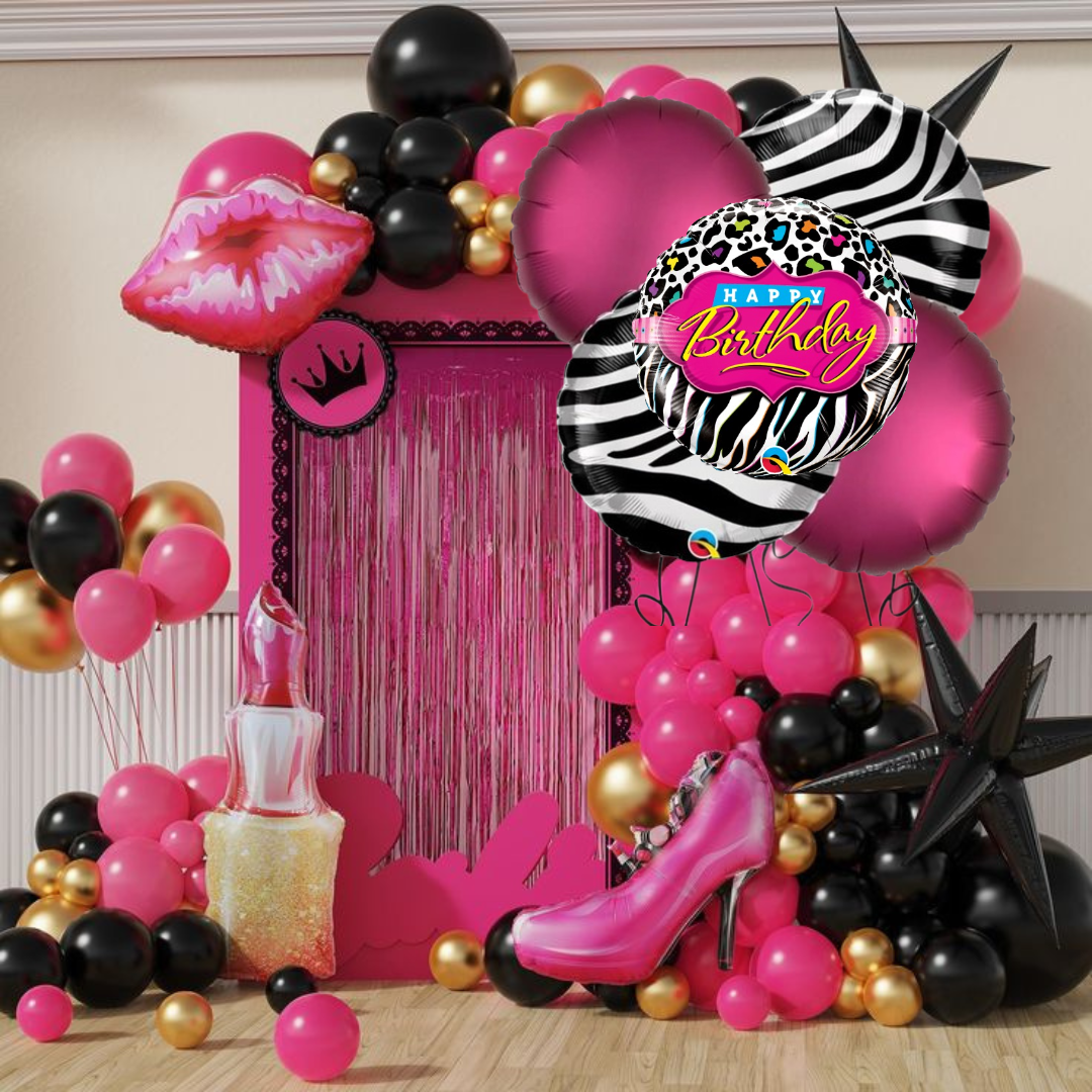 Happy Birthday Black &amp; White Set with Pink Round Balloons - 5PC