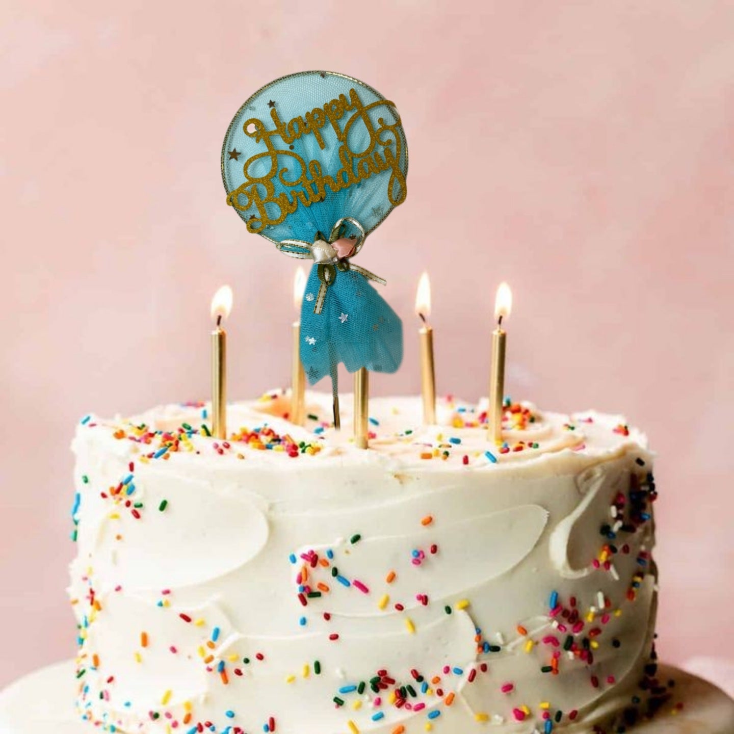 Happy Birthday Golden Cake Topper with Blue Net