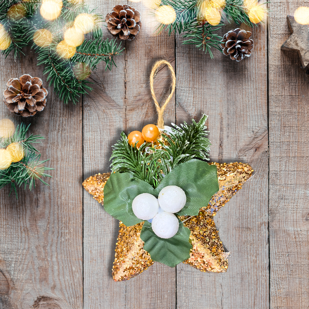 Decorative Golden Star with Missel Toe Hanging Decoration - 1PC