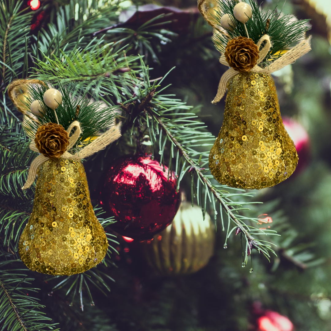 Christmas Tree Ornaments Golden Sequin Bell with Pine Cone Hanging - 3PC