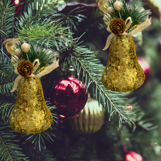 Christmas Tree Ornaments Golden Sequin Bell with Pine Cone Hanging - 3PC