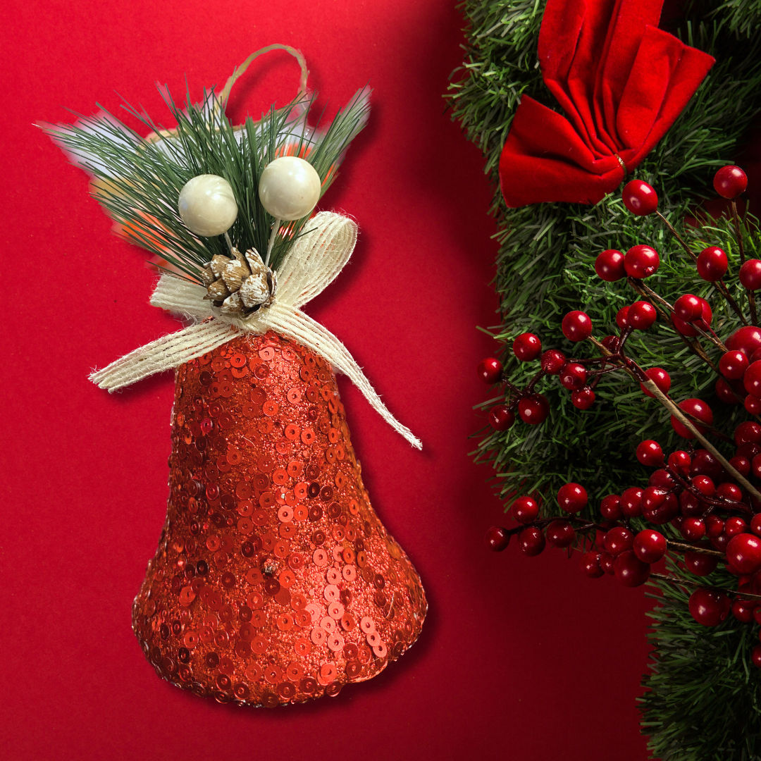 Christmas Tree Ornaments Red Sequin Bell with Pine Cone Hanging - 3PC