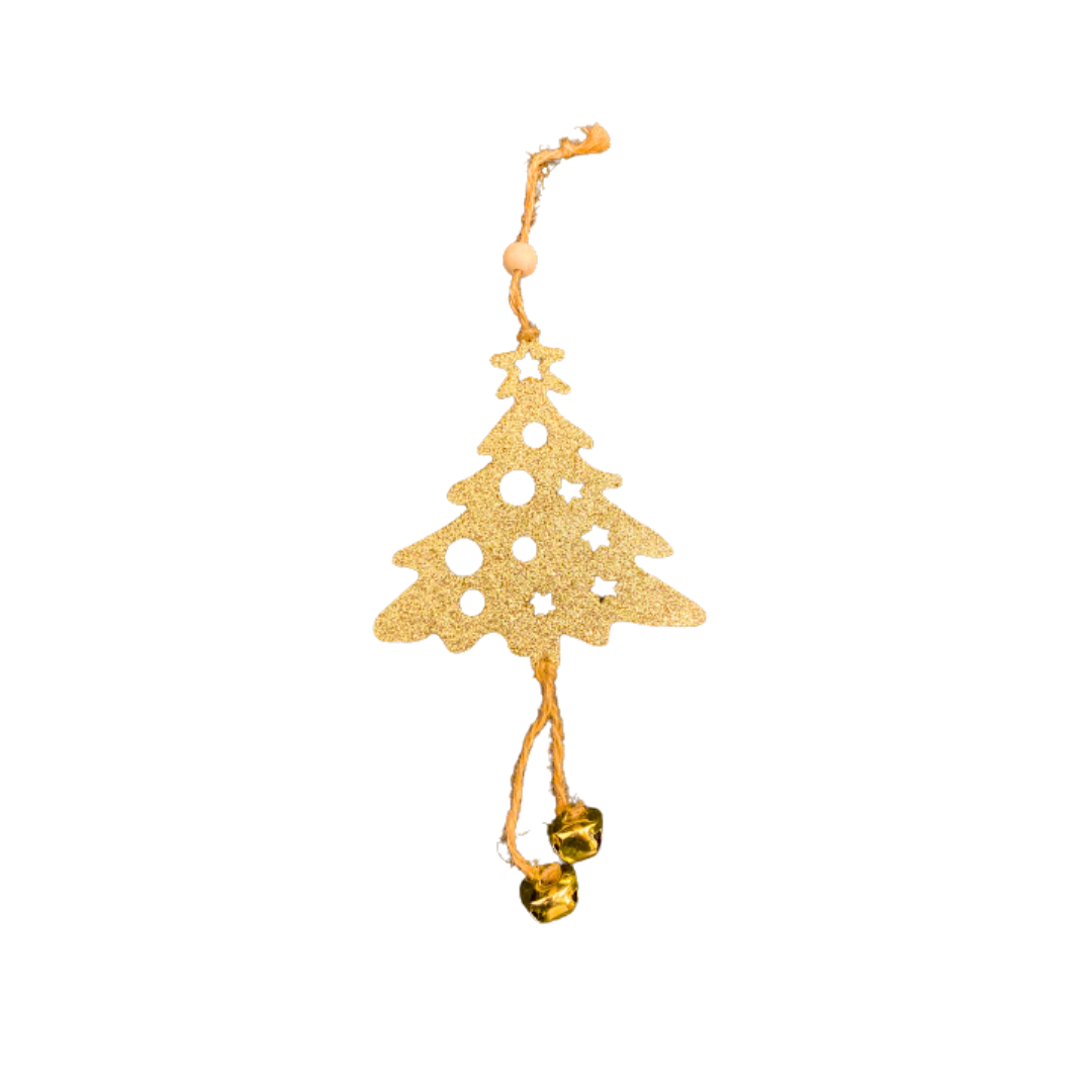 Christmas Tree Ornaments - Assorted Golden Glitter Hanging Decoration with Bells  - 4PC