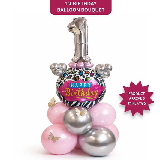 Designer Pink & Silver Balloon Bouquet Arrangement with 3D Butterflies for 1st Birthday