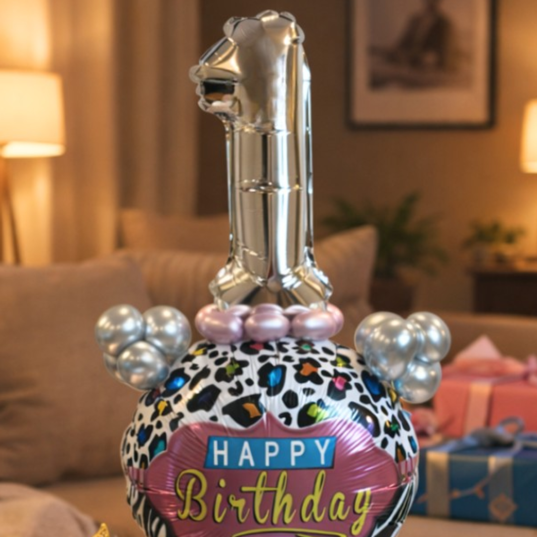 Designer Pink & Silver Balloon Bouquet Arrangement with 3D Butterflies for 1st Birthday