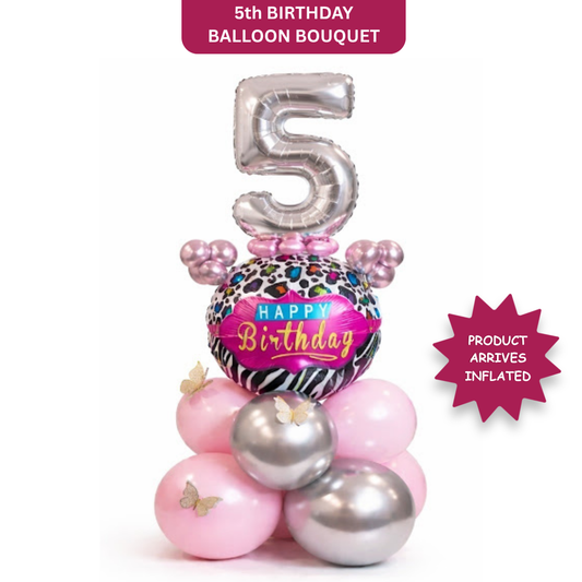 Designer Pink & Silver Balloon Bouquet Arrangement with 3D Butterflies for 5th Birthday