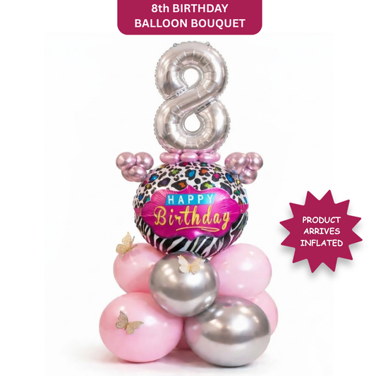 Designer Pink & Silver Balloon Bouquet Arrangement with 3D Butterflies for 8th Birthday