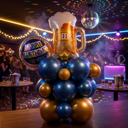Eloquent Blue & Gold Cheers Beer Mug Air Filled Balloon Bouquet Arrangement