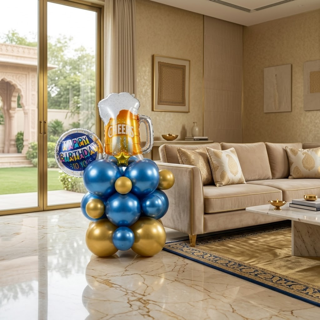 Eloquent Blue & Gold Cheers Beer Mug Air Filled Balloon Bouquet Arrangement
