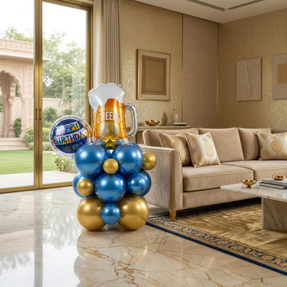 Eloquent Blue & Gold Cheers Beer Mug Air Filled Balloon Bouquet Arrangement