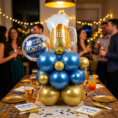 Eloquent Blue & Gold Cheers Beer Mug Air Filled Balloon Bouquet Arrangement