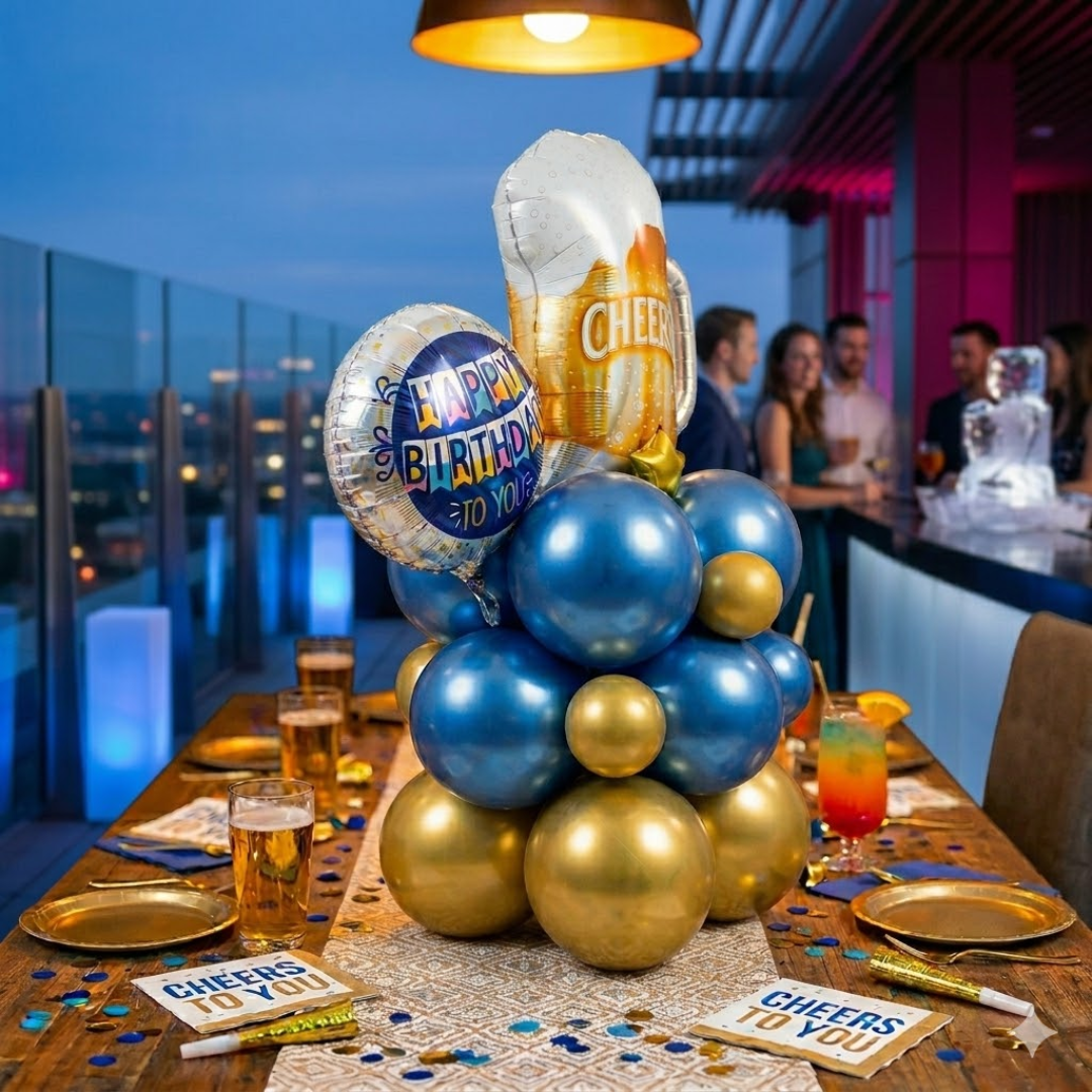 Eloquent Blue & Gold Cheers Beer Mug Air Filled Balloon Bouquet Arrangement