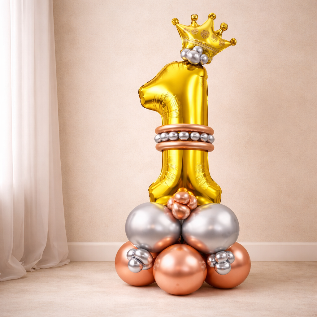 Royal 1st Birthday Large Golden Air Filled Balloon Bouquet Arrangement with Rose Gold & Silver Balloons