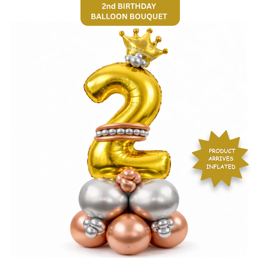 Royal 2nd Birthday Large Golden Air Filled Balloon Bouquet Arrangement with Rose Gold & Silver Balloons