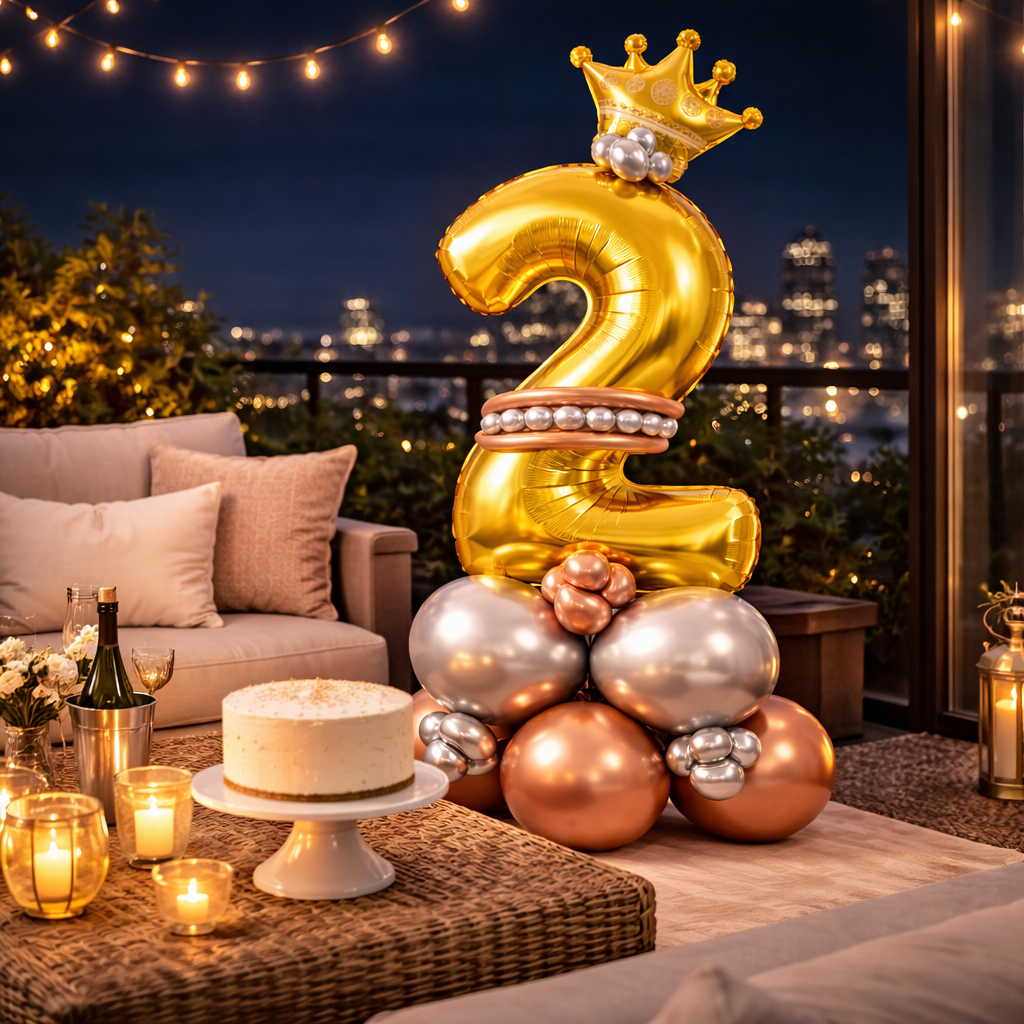 Royal 2nd Birthday Large Golden Air Filled Balloon Bouquet Arrangement with Rose Gold & Silver Balloons